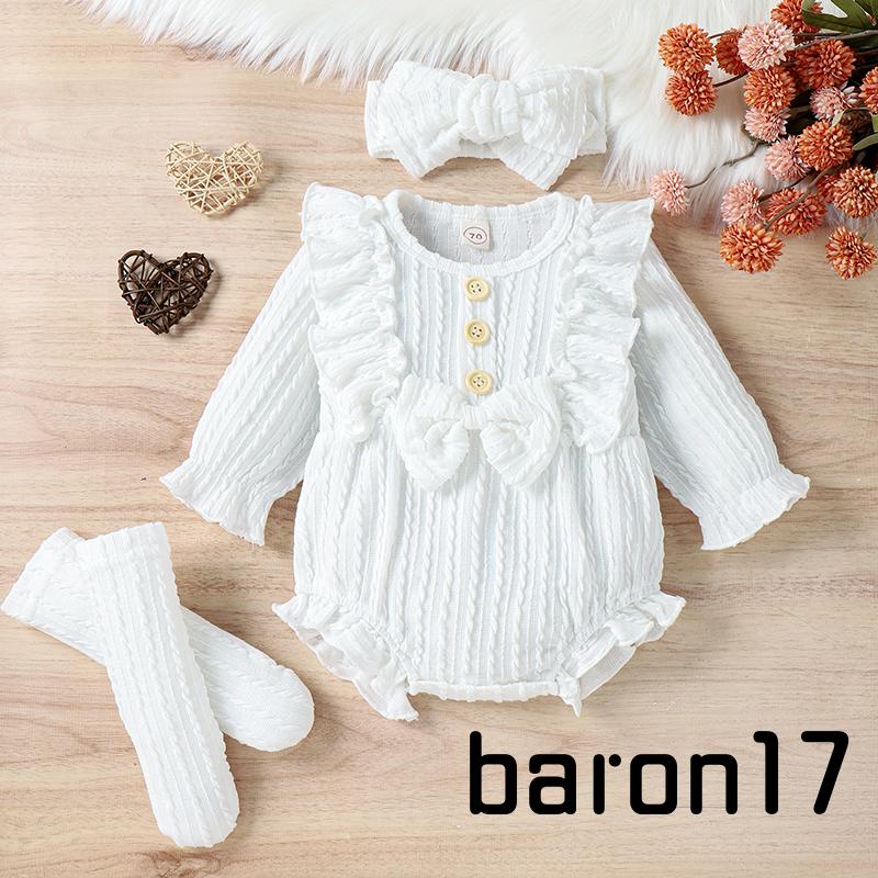 3 Bộ áo liền quần mùa thu cho bé gái Trang phục dài tay Nút áo liền quần xếp nếp phía trước + Tất + Bộ băng đô
