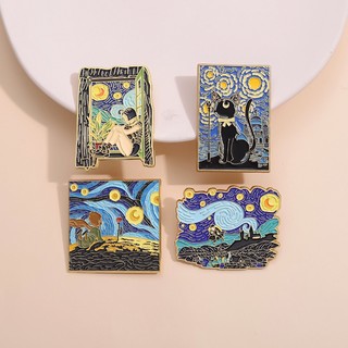 Huy Hiệu Cài Áo Kim Loại Hình Tranh Sơn Dầu van Gogh 'S work Men / Cánh Đồng / Mèo / Tàu Ngũ