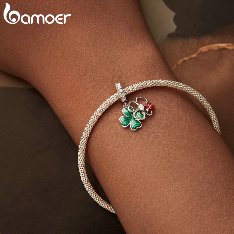 Mặt dây chuyền bạc sterling 925 BAMOER hình cỏ bốn lá