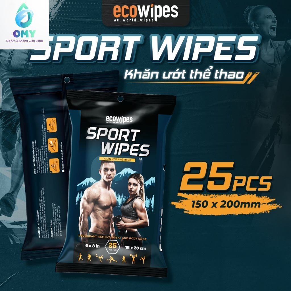 Gói khăn giấy ướt làm mát nhanh diệt khuẩn Sport EcoWipes gói 25 tờ hương bạc hà mát lạnh tỉnh táo