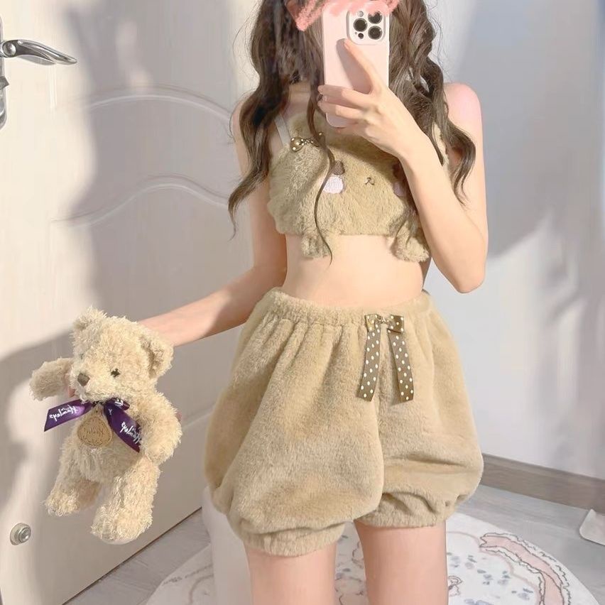 Baby bear set Đồ Ngủ Gồm Áo Ống Và Quần Short Nhồi Bông Mềm Mại Màu Trơn Hình Gấu cinnamoroll Nhật Bản Đáng Yêu Cho Bé Gái