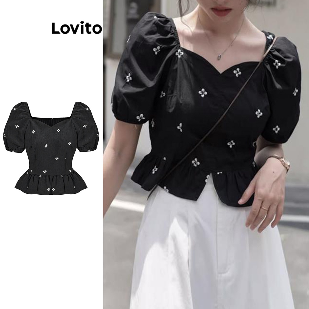 Áo kiểu Lovito tay phồng cổ vuông xếp nếp họa tiết hoa nhí thường ngày cho nữ L62ED014 màu đen spe