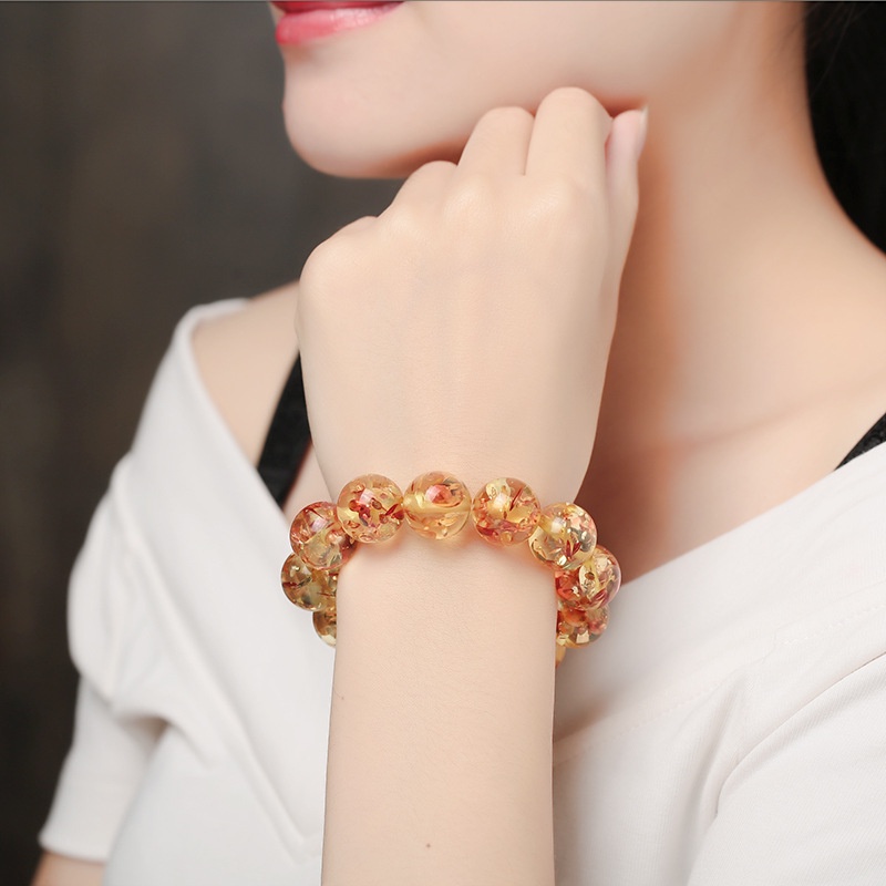 Vòng Tay Chuỗi Hạt Tròn Đính Hoa Màu Hổ Phách Đơn Giản Dễ Phối Đồ Thời Trang Cho Nam Và Nữ