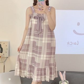 Bộ Đồ Ngủ cotton Hai Dây Đính Nơ Phong Cách Hàn Quốc Dễ Thương Dành Cho Nữ