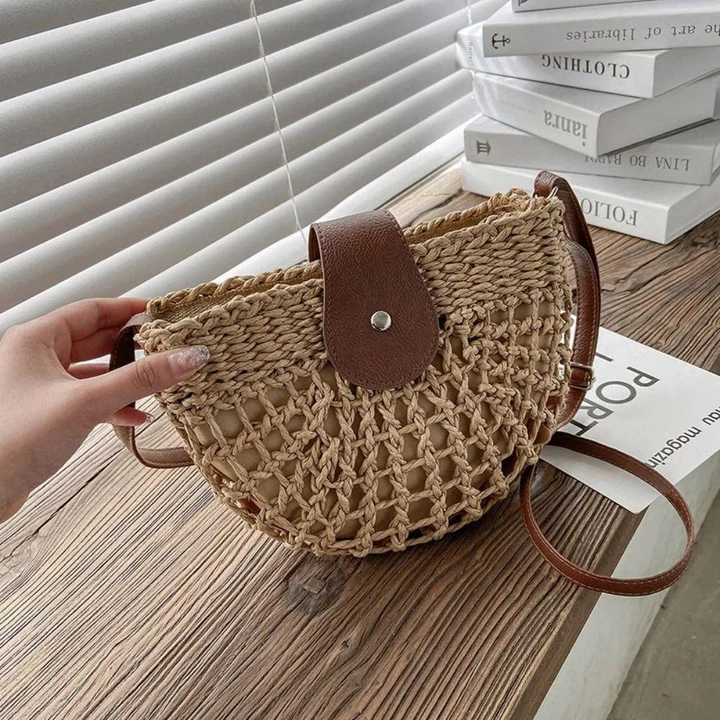 [COD] Túi rơm mùa hè DWELLINGCO, Túi xách bằng tay mây Túi cói hình bán nguyệt, Túi đi biển Túi Tote du lịch nữ Túi đeo vai rỗng – 6