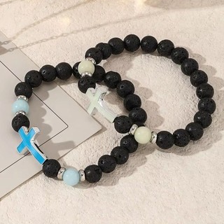 Vòng tay đính cườm nam DAMAO, Vòng tay hạt đá núi lửa phát sáng phong cách dân tộc, Vòng tay đính đá hình chữ thập cổ điển được cá nhân hóa Sáng lên Vòng đeo tay người bạn