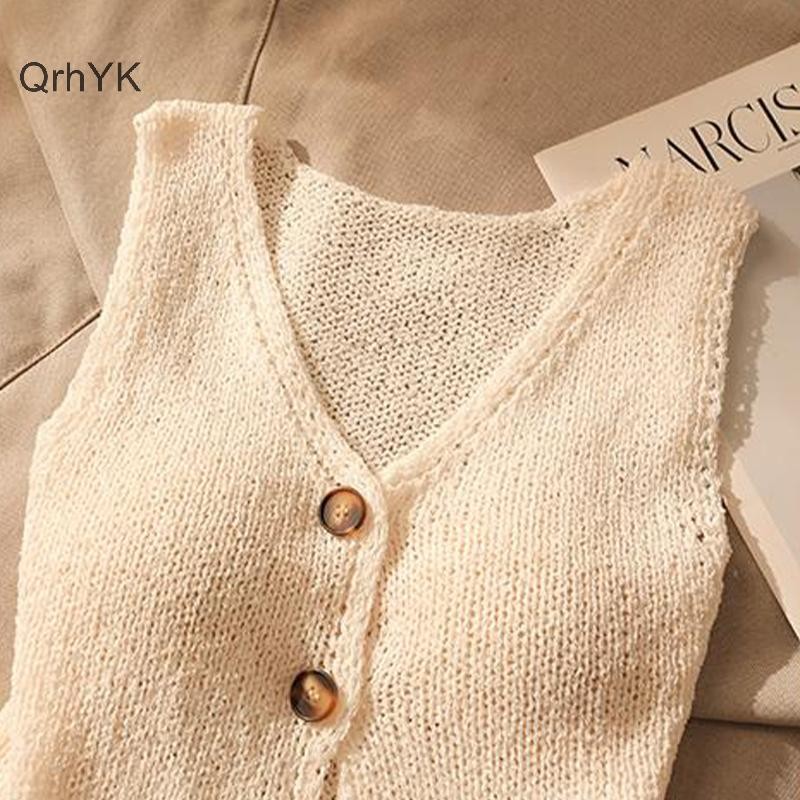 Nhà Máy Thời Trang Mùa Hè Nữ Thời Trang Màu Trơn Sang Trọng Nút Cổ Chữ V Không Tay Dệt Kim Camisole QrhYK