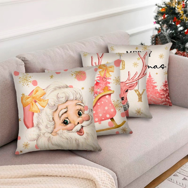 Vỏ Gối sofa Vải Lanh Mềm Thoáng Khí Thoải Mái In Hình Tuần Lộc Màu Hồng Giáng Sinh