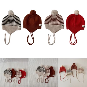 OXXGGKAO Hợp Thời Trang Kid Beanie Hat 2023 Mũ Sọc Thời Trang Bảo Vệ Tai Ren Bonnet