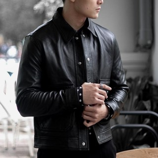 Áo khoác da nam Sơn Tùng, áo da thật Ftt Leather cổ bẻ túi hộp da cừu cao cấp mã AD410C