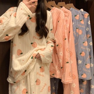 2025 Thu Đông Phong Cách Mới San Hô Lông Cừu Flannel Ấm Áp Homewear Dễ Thương Bộ Đồ Ngủ Thời Trang Rời Phù Hợp Với Nữ