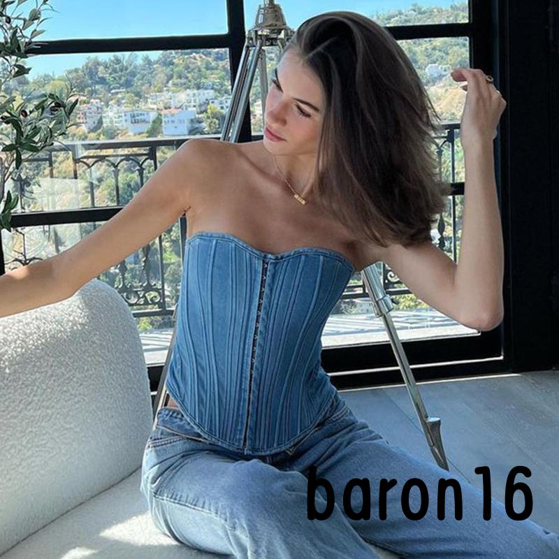 Phụ Nữ Ống Top Không Dây Lưng Khóa Denim Viền Slim Vest Cho Đảng Hàng Ngày Dạo Phố