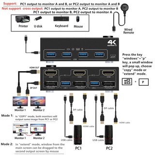 DP HDMI USB 3.0 KVM Switch, Màn hình kép Displayport KVM Switcher Hỗ trợ 4K @ 60Hz cho 2 máy tính 2 màn hình