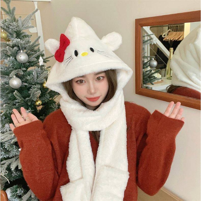 Wilk hellokitty Bộ Ba Món Nón Khăn Choàng Găng Tay Khăn Choàng Cổ Bằng Lông Nhung Ấm Áp Chống Gió Hình Hello Kitty Dễ Thương