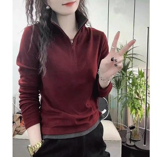 Cổ Đứng Hai Mặt Nhung Đức Đáy Áo Sơ Mi Nữ Thu Đông 2023 Phong Cách Tất Cả Trận Đấu Ấm Áp Dài @ -