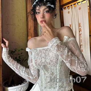 Trang phục ren mùa hè dành cho nữ Áo Crop top dài tay lệch vai + Bộ váy Mini nhiều lớp Quần áo dự tiệc