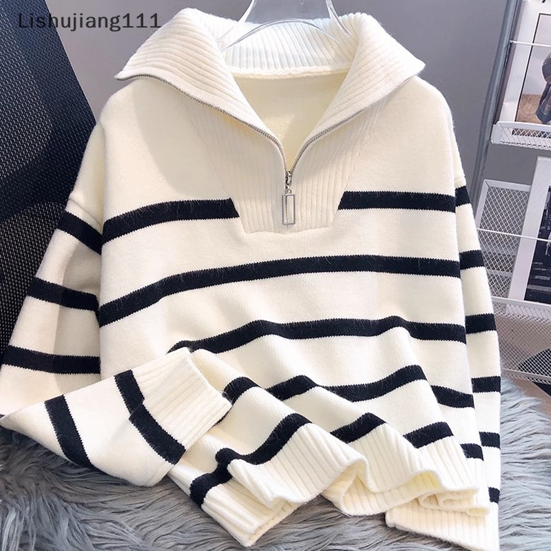 Áo Sweater Dệt Kim Tay Dài Dáng Rộng Kẻ Sọc Phối Khóa Kéo Thời Trang Thu Đông Cho Nữ