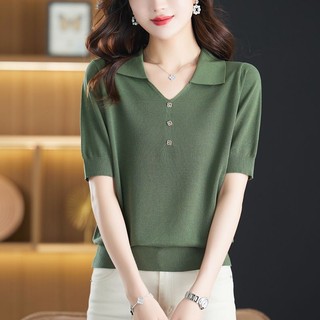 Áo Thun Tay Ngắn Cổ Chữ V Bằng Lụa Lạnh Thời Trang Mùa Hè Cho Phụ Nữ Trung Niên
