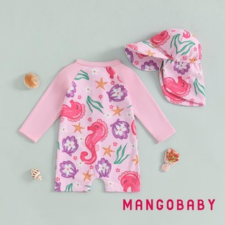 Mg-toddler Girl Rash Guard Đồ bơi in hoa dài tay có dây kéo Bộ đồ tắm có mũ