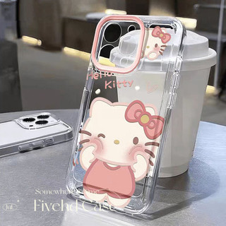Ins Hàn Quốc Vỏ cặp đôi trong suốt hình mèo Kitty màu hồng dễ thương + Giá đỡ Tương thích cho iPhone 11 15 14 13 12 Pro Xs Max XR X 7 8 6 6s Plus SE Vỏ bảo vệ điện thoại hoạt hình TPU mềm