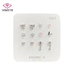 1 Bộ bông tai HWETR hình trái tim đính đá zircon màu hồng xinh xắn thời trang Hàn Quốc