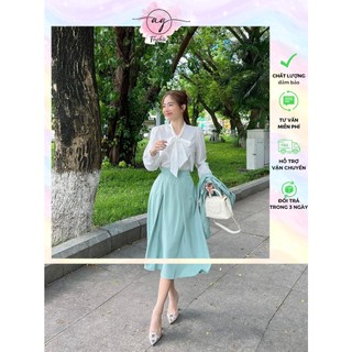 SET 3 MÓN : ÁO KHOÁC NÚT TAY DÀI CROPTOP + ÁO SƠ MI THẮT NƠ + CHÂN VÁY MIDI XANH AG.FASHION