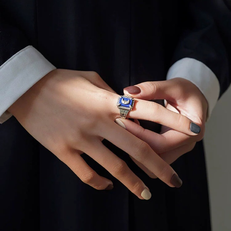 Ngủ Sen Cuộc Sống Bạc 925 Nhẫn Lapis Lazuli Mặt Trăng Nàng Tiên Cá Yếu Tố Retro Thiểu Số Thiết Kế Nhẫn