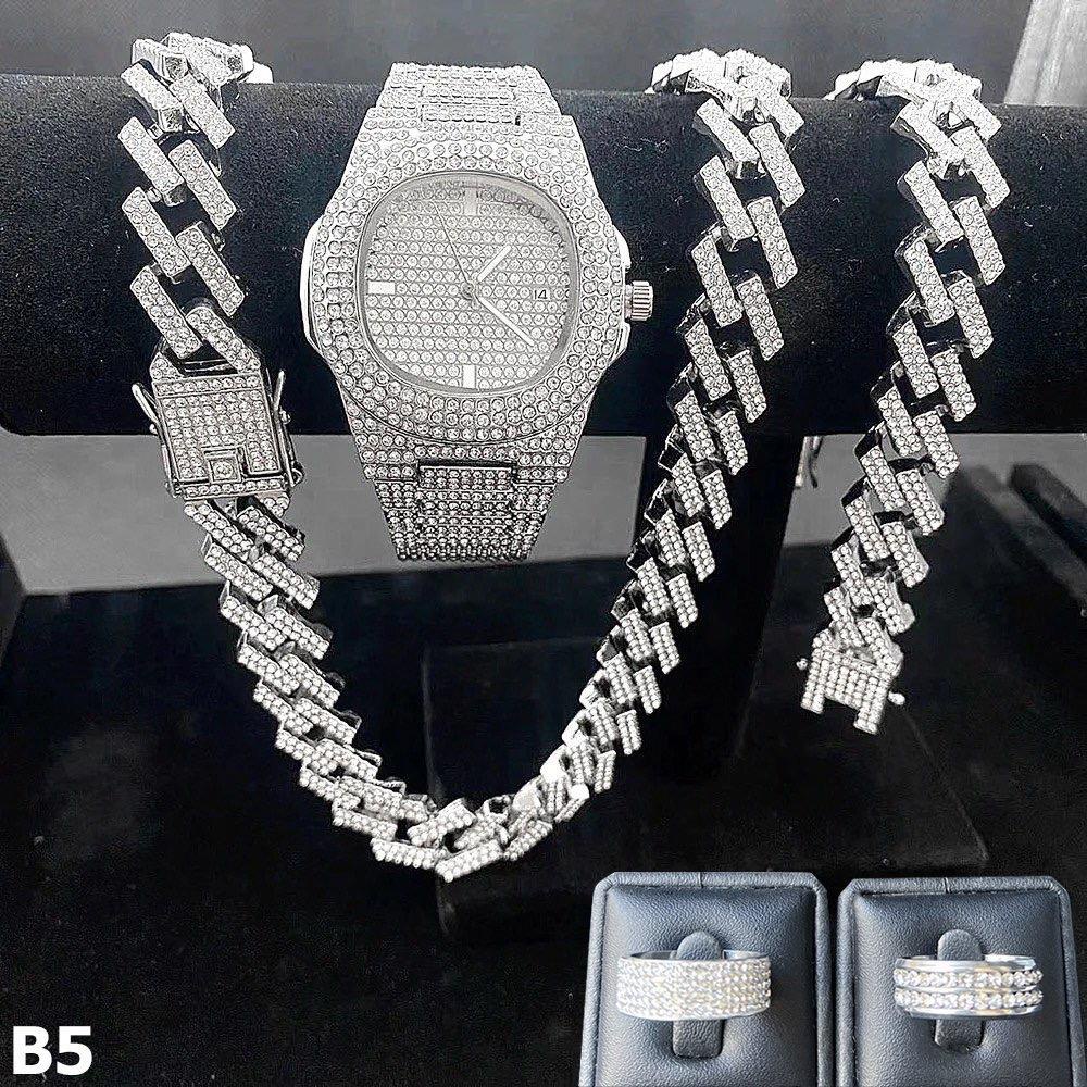 (COMBO 5 MÓN) Đồng hồ, dây chuyền, lắc tay và 2 nhẫn đính đá zircon bản V3 2024