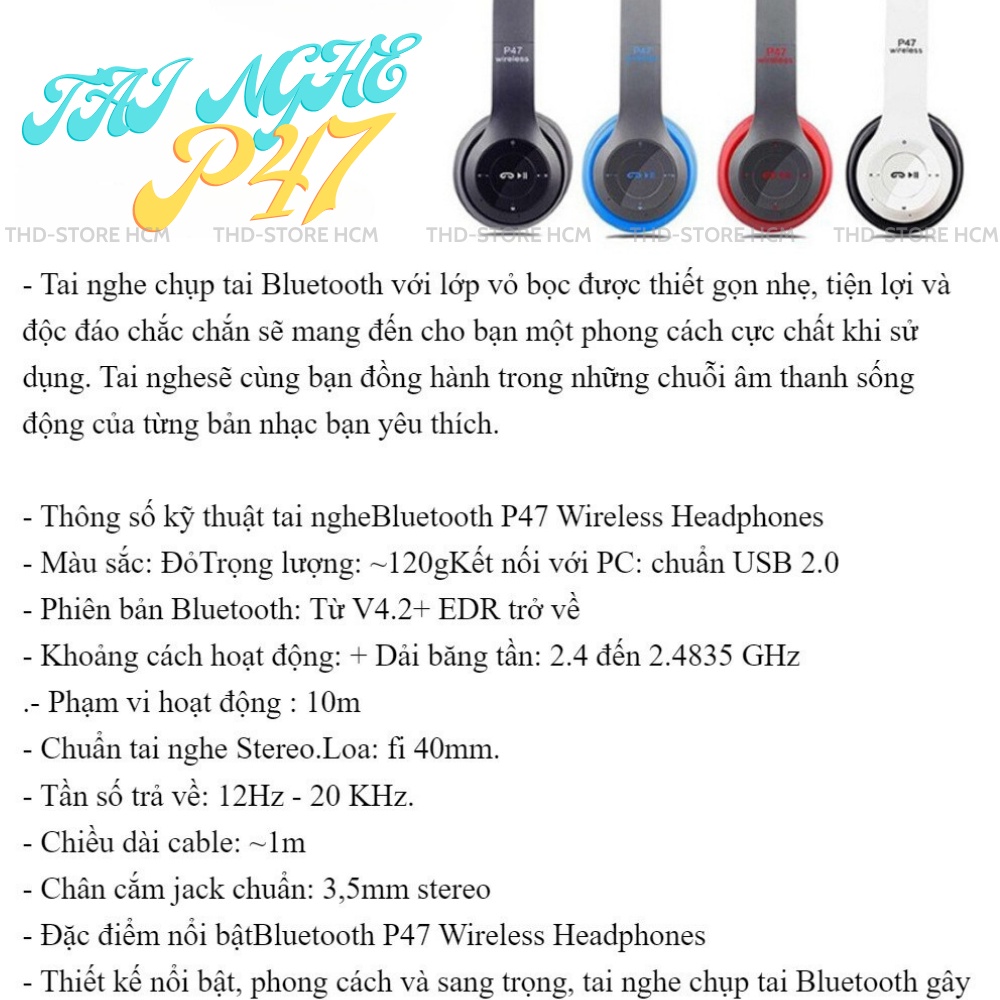 Tai Nghe Bluetooth P47 Chụp Tai Có Mic Hỗ Trợ Thẻ Nhớ Âm Bass Nghe Nhạc Cực Hay Lọc Âm Chống Ồn