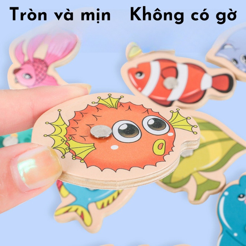 Bộ câu cá nam châm,Đồ chơi câu cá bằng gỗ,  15/31 sinh vật biển bằng gỗ, Kèm theo cần câu nam châm cho bé