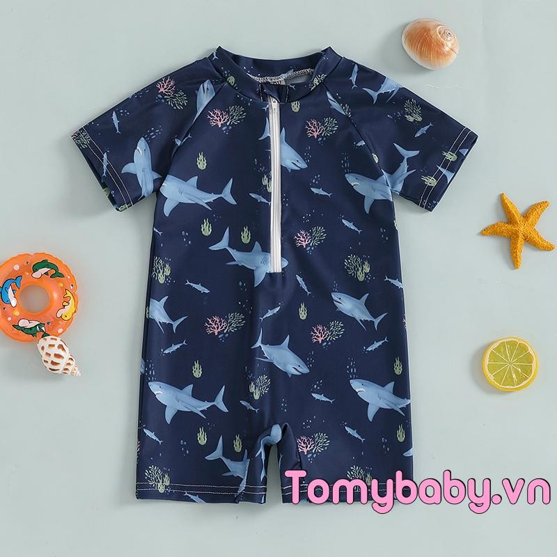 Đồ bơi tập đi In hình cá mập ngắn tay Mock cổ Zip Up Rash Guard Bộ đồ tắm cho bé trai bé gái