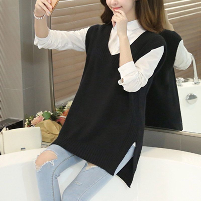 Plus Size Dệt Kim Áo Vest Nữ Cổ Chữ V Mới Không Tay Chiều Dài Giữa Hàn Quốc Đáy Rời