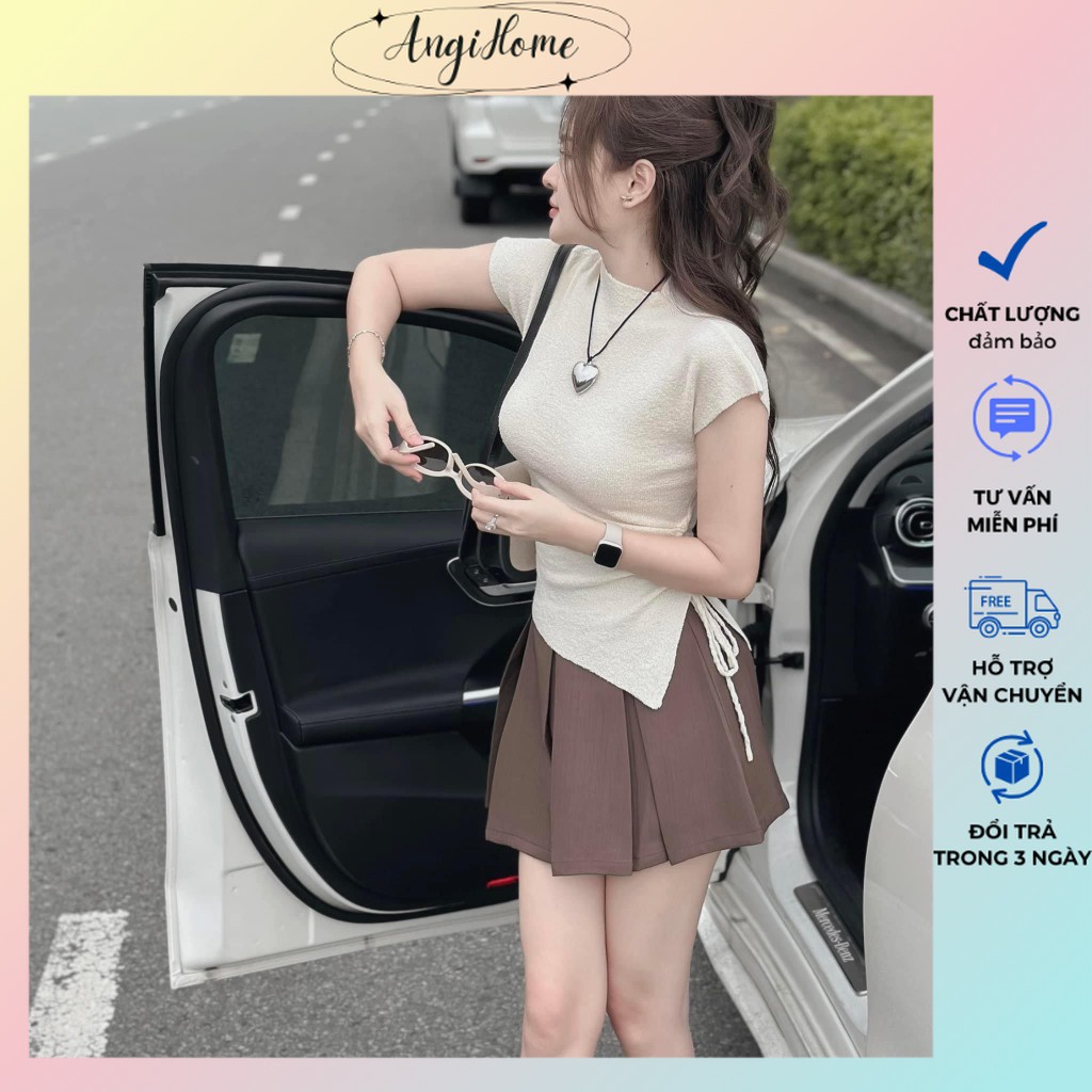 SET ÁO THUN LEN CỔ CAO TAY CỘC RÚT DÂY LỆCH TÀ + CHÂN VÁY XẾP LY 2 MÀU ANGIHOME