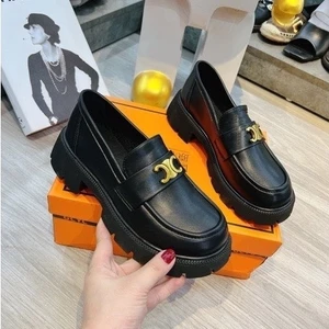 Giày Lười Nữ Da Mềm Màu Đen Mũi Tròn Đế Cao Thời Trang Phong Cách