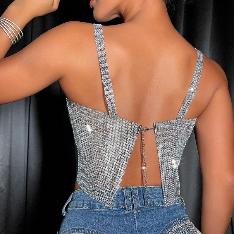 Dasbsug Nữ Fishnet Kim Cương Giả Crop Top Không Tay Pha Lê Tank Top Clubwear
