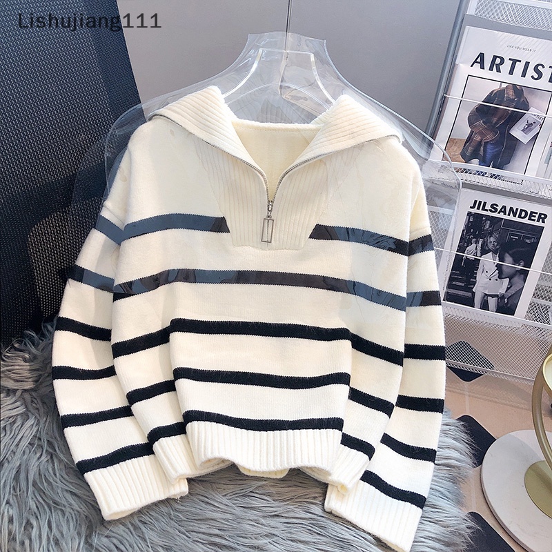 Áo Sweater Dệt Kim Tay Dài Dáng Rộng Kẻ Sọc Phối Khóa Kéo Thời Trang Thu Đông Cho Nữ