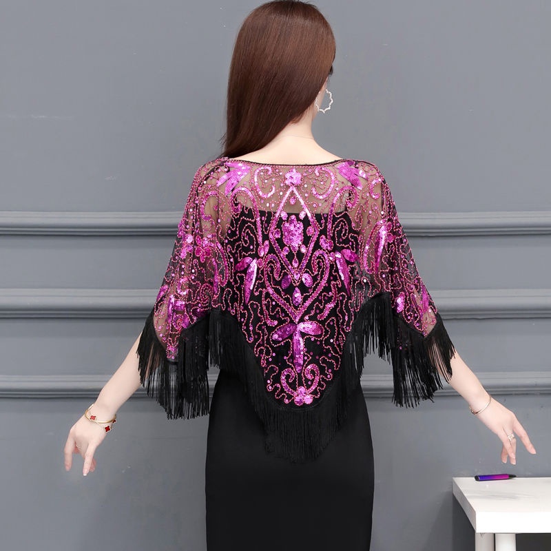 Bộ đầu rộng kích thước lớn dơi áo sơ mi bìa khăn choàng tua rua top ren áo choàng sequin chống nắng thêu váy