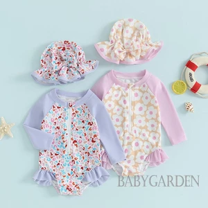 Bộ Đồ Bơi Liền Thân Tay Dài Phối Bèo In Họa Tiết Hoa Xinh Xắn Cho Bé Gái 6 Tháng-3 Tuổi