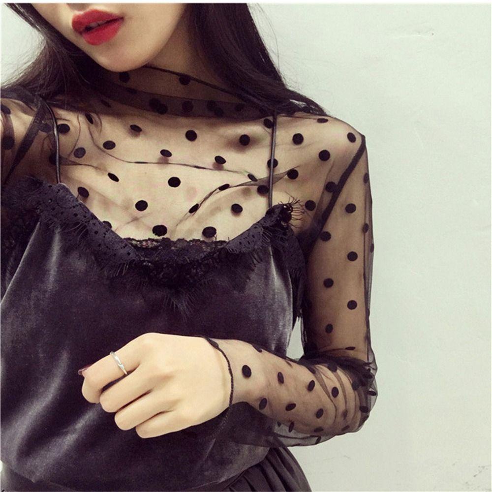 Áo ren WEETW, Áo lưới dài tay xuyên thấu, Lưới thời trang Fishnet Hoa cổ cao trong suốt Áo thun nữ bé gái