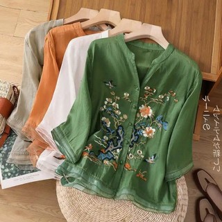 Chất Lượng Cao Retro Mỏng Thêu Áo Sơ Mi Nữ Mùa Hè Organza Giữa Tay Cổ Chữ V Tính Khí Hàng Đầu
