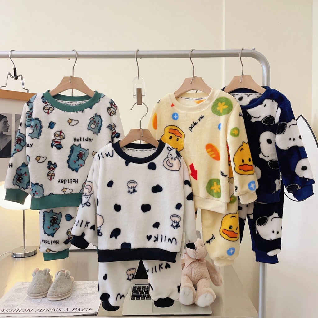 Phong Cách Mới Trẻ Em Homewear 90-160 Kích Thước Bộ Đồ Ngủ Trung Bình Lớn Trẻ Em Hoạt Hình Dễ Thương Dày Áo Chui Đầu Quần Áo Mùa Thu Quần Dài CQXS