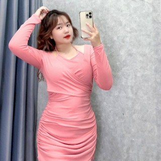 Đầm ôm body thời trang bigsize nữ trễ vai tay dài cổ yếm phối dây rút lên phom tôn dáng vải thun gân sang trọng G224