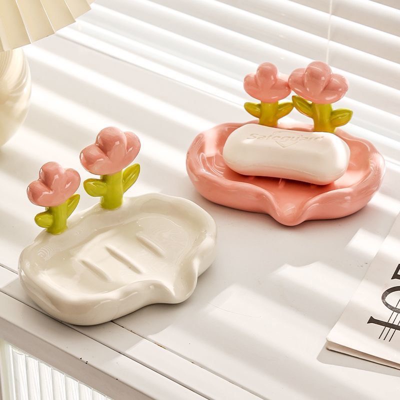 Khay Đựng Xà Phòng Không Tích Nước Bằng Gốm Sứ Hoạ Tiết Hoa Tulip Để Nhà Tắm