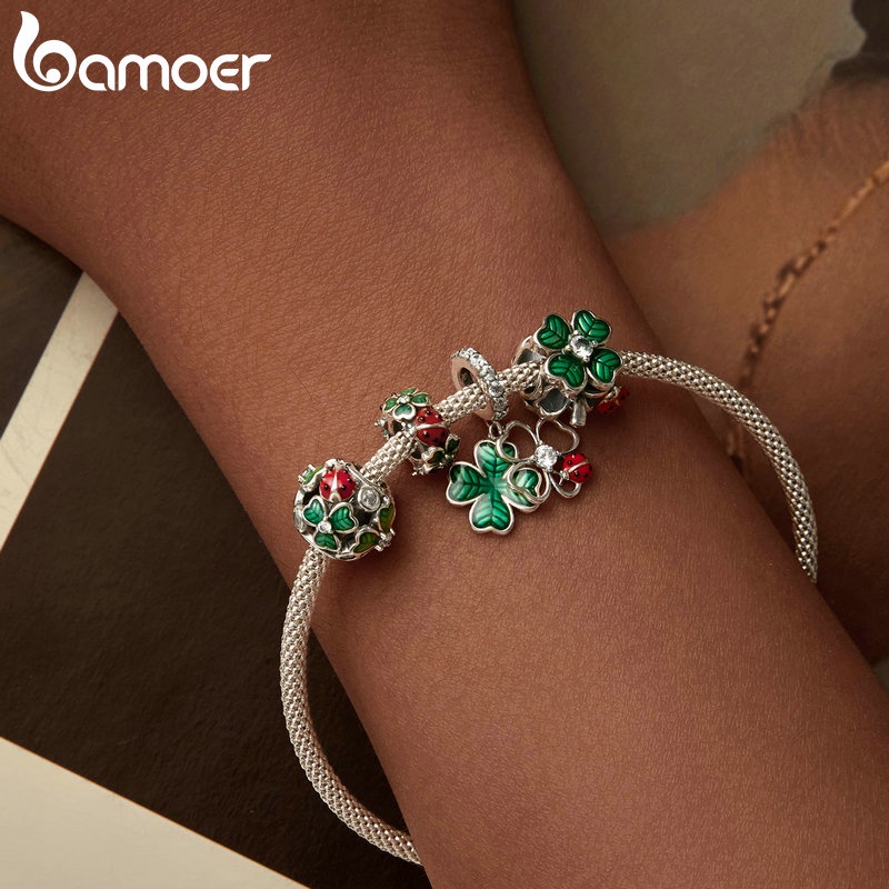 Mặt dây chuyền bạc sterling 925 BAMOER hình cỏ bốn lá