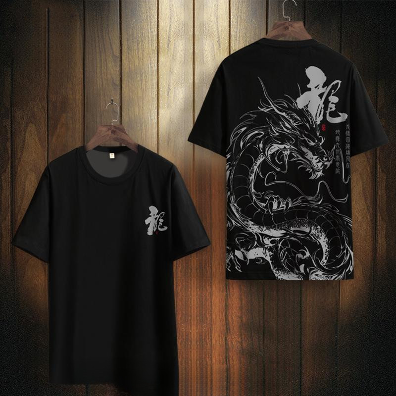 Áo thun ngắn tay in hình rồng phong cách Trung Quốc cho nam, oversized, thoáng khí, cổ tròn, tay ngắn mùa hè