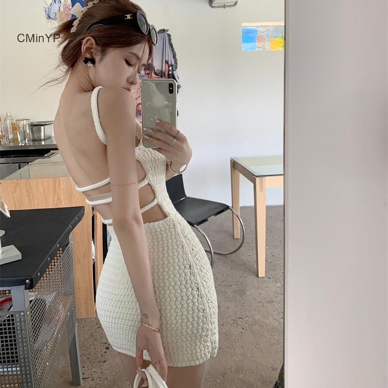 Cminyp Váy hở lưng nữ dệt kim phong cách Hàn Quốc Hotsweet Sang trọng Vỏ váy Mini vinh quang