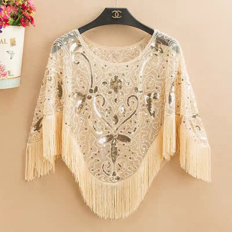 Bộ đầu rộng kích thước lớn dơi áo sơ mi bìa khăn choàng tua rua top ren áo choàng sequin chống nắng thêu váy