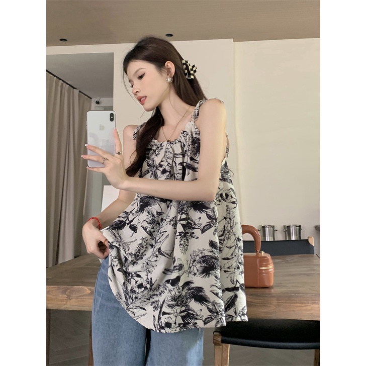 Áo Hai Dây Dáng Rộng Cột Dây Xếp Ly In Họa Tiết Mực Phong Cách Cổ Điển Thời Trang Cho Nữ