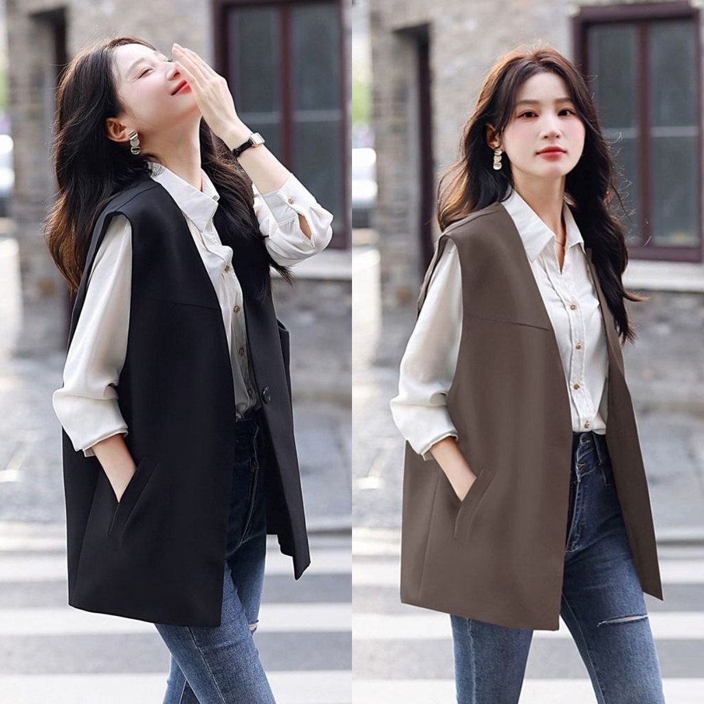 Áo Vest nữ thời trang và rộng rãi nối nút màu trơn Hàn Quốc mới dành cho nữ