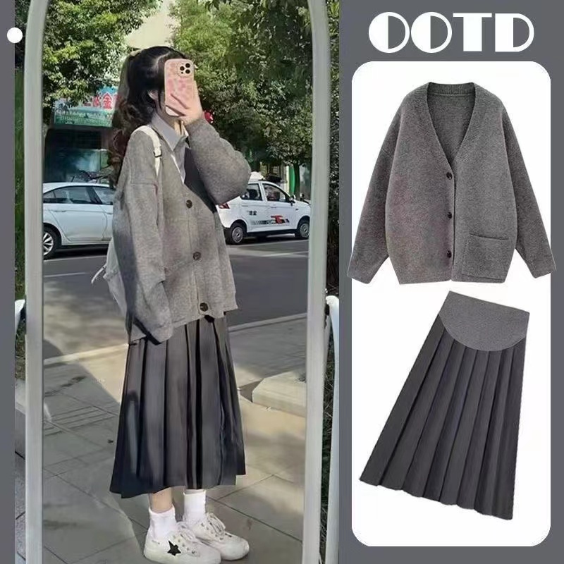Hàng Mới Về Bộ Áo Khoác cardigan Dệt Kim + Chân Váy Eo Cao Xếp Ly Thời Trang Thu Đông Cho Mẹ Bầu 3023